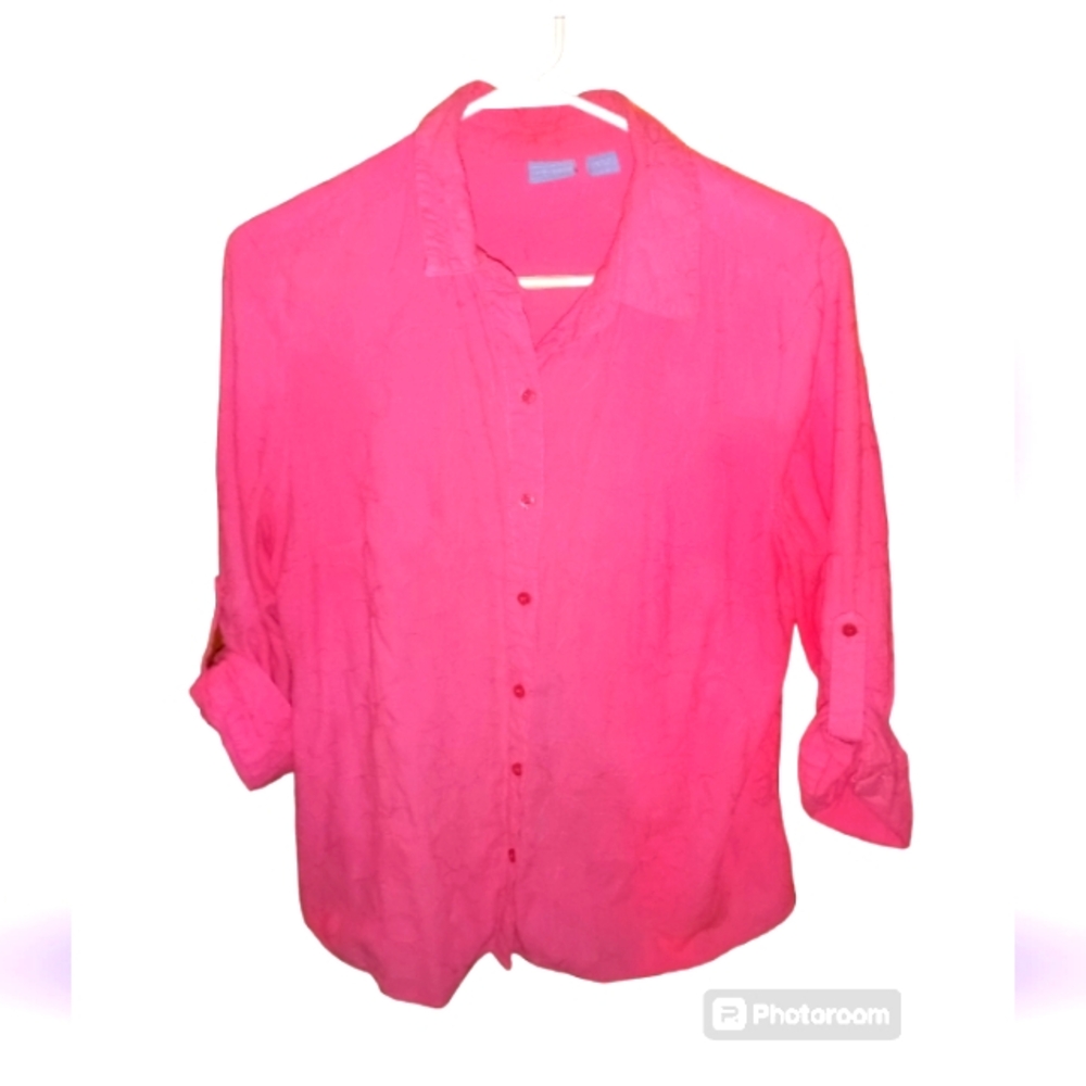 Laura Scott women's Lightweight Summer button up blouse floral embroidery coral
